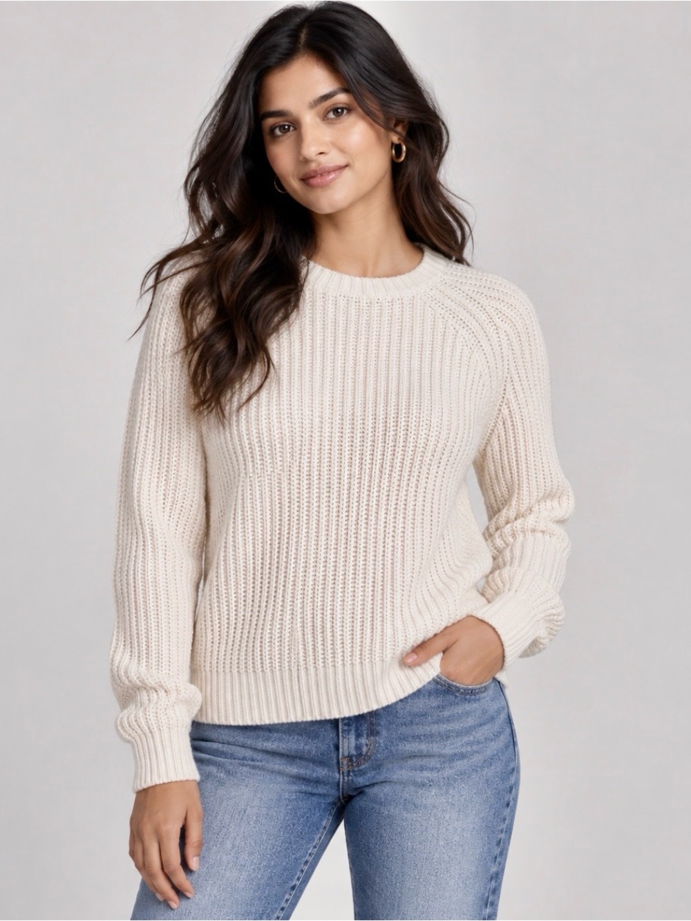 Lauren Ralph Lauren Petite White 100% Cotton Ribbed Crewneck Sweater Size PS